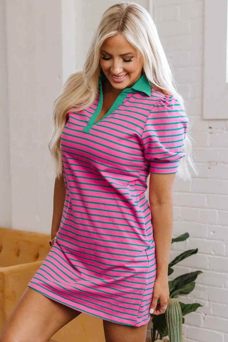 Pink Stripe Collared V Neck Puff Sleeve T Shirt Dress for Women - Love Salve